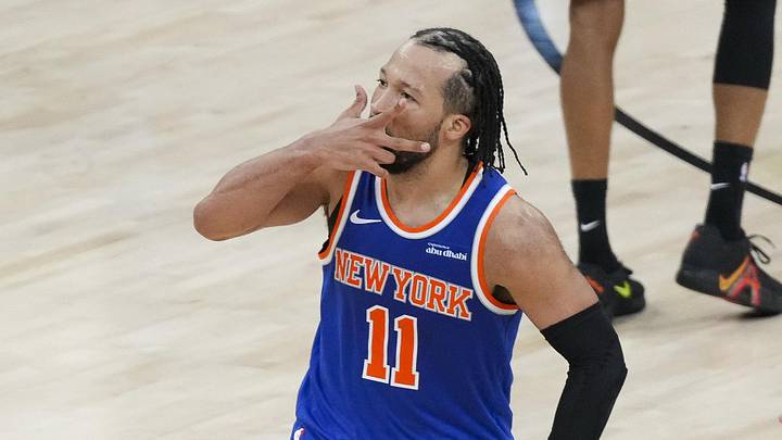 Jun 5, 2026; San Antonio, Texas, USA; New York Knicks guard Jalen Brunson (11) and center Karl-Anthony Towns (32) celebrates after Brunson makes a basket against the San Antonio Spurs during the second half during game two of the 2026 NBA Finals at Frost Bank Center. Mandatory Credit: Scott Wachter-Imagn Images