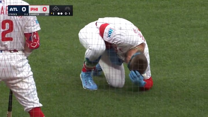 Philadelphia Phillies first baseman Bryce Harper reacts after being hit by a pitch against the Atlanta Braves.