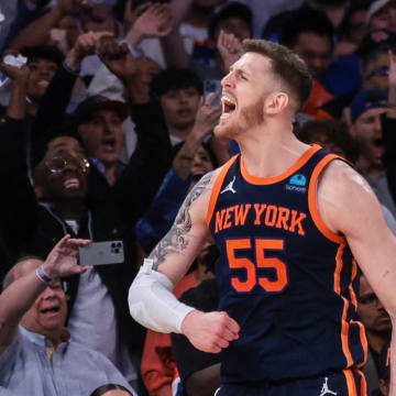 Apr 22, 2024; New York, New York, USA;  New York Knicks center Isaiah Hartenstein (55) celebrates after blocking a shot by Philadelphia 76ers guard Tyrese Maxey (not pictured) during the fourth quarter during game two of the first round for the 2024 NBA playoffs at Madison Square Garden. Mandatory Credit: Vincent Carchietta-USA TODAY Sports