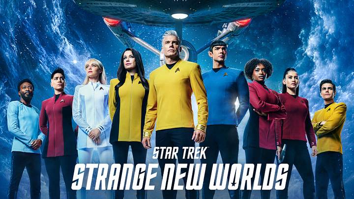 Key Art for Star Trek: Strange New Worlds Season 4, featuring Babs Olusanmokun as M’Benga, Melissa Navia as Ortegas, Jess Bush as Chapel, Rebecca Romijn as Una, Anson Mount as Captain Pike, Ethan Peck as Spock, Celia Rose Gooding as Uhura, Christina Chong as La’an and Paul Wesley as Kirk, streaming on Paramount+ 2026. Photo credit: Paramount+.