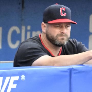 Jul 22, 2025; Cleveland, Ohio, USA; Cleveland Guardians manager Stephen Vogt (12) stands in the dugout in the fifth inning against the Baltimore Orioles at Progressive Field. Mandatory Credit: David Richard-Imagn Images