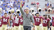 Sep 14, 2024; Tallahassee, Florida, USA; Florida State Seminoles head coach Mike Norvell leads his team before a game against the Memphis Tigers at Doak S. Campbell Stadium. Mandatory Credit: Melina Myers-Imagn Images