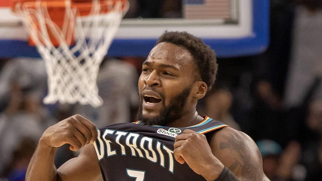 Nov 12, 2025; Detroit, Michigan, USA; Detroit Pistons forward Paul Reed (7) runs up court after his dunk against the Chicago Bulls during the second half at Little Caesars Arena. Mandatory Credit: David Reginek-Imagn Images