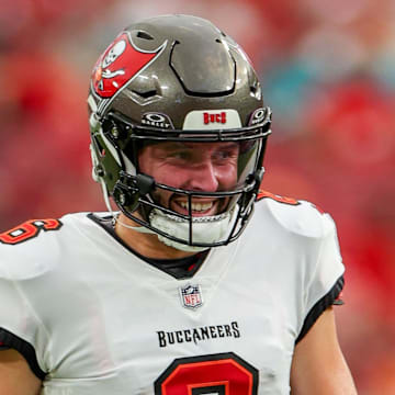 Aug 23, 2024; Tampa, Florida, USA; Tampa Bay Buccaneers quarterback Baker Mayfield (6) looks on after a challenge flag was thrown by Miami Dolphins head coach Mike McDaniel (not pictured) in the first quarter during preseason at Raymond James Stadium. Mandatory Credit: Nathan Ray Seebeck-Imagn Images