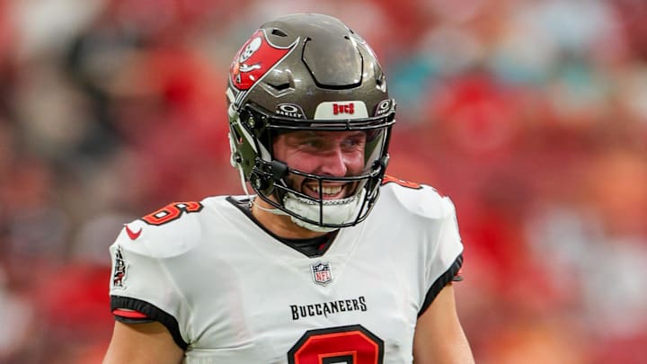 Aug 23, 2024; Tampa, Florida, USA; Tampa Bay Buccaneers quarterback Baker Mayfield (6) looks on after a challenge flag was thrown by Miami Dolphins head coach Mike McDaniel (not pictured) in the first quarter during preseason at Raymond James Stadium. Mandatory Credit: Nathan Ray Seebeck-Imagn Images