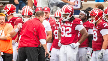Indiana Head Coach Curt Cignetti talks to the defense during the Indiana versus Maryland football game at Memorial Stadium on Saturday, Sept. 28, 2024.