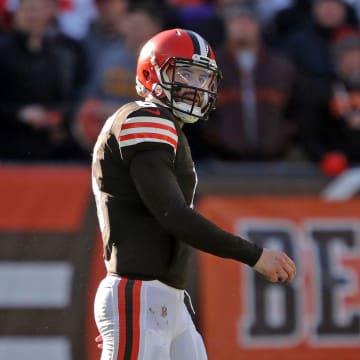 Cleveland Browns quarterback Baker Mayfield (6) walks off the field following an interception during the first half of an NFL football game against the Baltimore Ravens at FirstEnergy Stadium, Sunday, Dec. 12, 2021, in Cleveland, Ohio. [Jeff Lange/Beacon Journal]

Browns 6