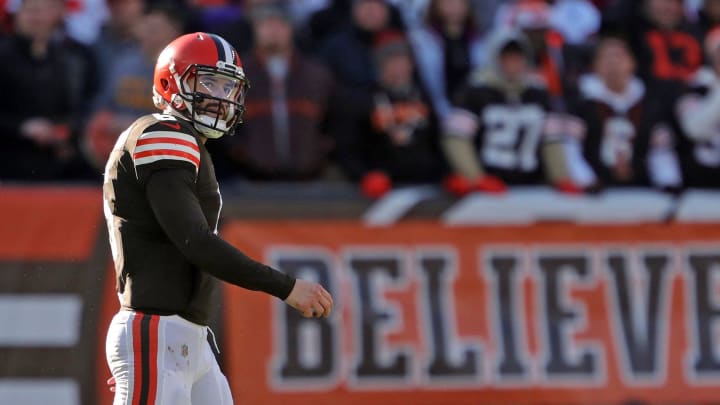 Cleveland Browns quarterback Baker Mayfield (6) walks off the field following an interception during the first half of an NFL football game against the Baltimore Ravens at FirstEnergy Stadium, Sunday, Dec. 12, 2021, in Cleveland, Ohio. [Jeff Lange/Beacon Journal]

Browns 6