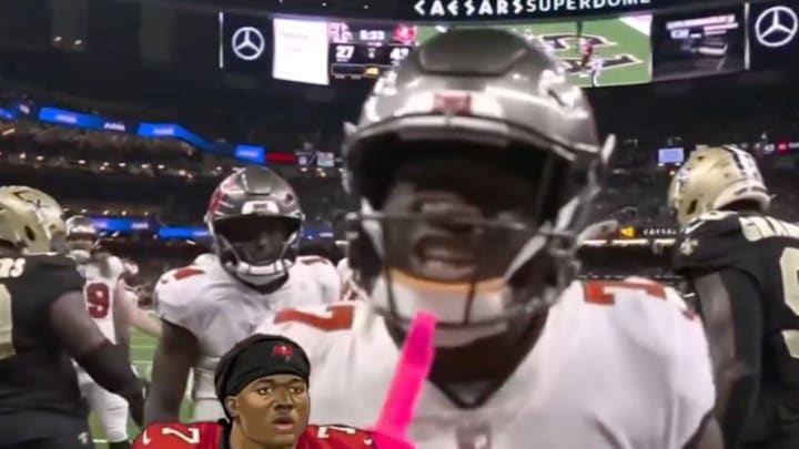 Bucky Irving reacts to a late touchdown against the Saints. Bucky Irving reacts to a late touchdown against the Saints.