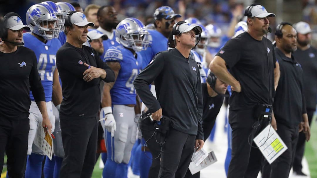 Lions Dave Fipp, special teams coordinator, left, and head coach Dan Campbell on the sidelines during the second half of the Lions' 27-23 preseason loss to the Falcons on Friday, Aug. 12, 2022, at Ford Field.