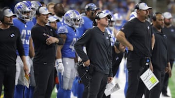 Lions Dave Fipp, special teams coordinator, left, and head coach Dan Campbell on the sidelines during the second half of the Lions' 27-23 preseason loss to the Falcons on Friday, Aug. 12, 2022, at Ford Field.