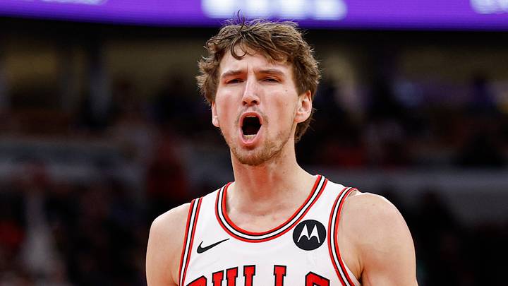 Nov 4, 2025; Chicago, Illinois, USA; Chicago Bulls forward Matas Buzelis (14) reacts during the first half of an NBA game against the Philadelphia 76ers at United Center. Mandatory Credit: Kamil Krzaczynski-Imagn Images