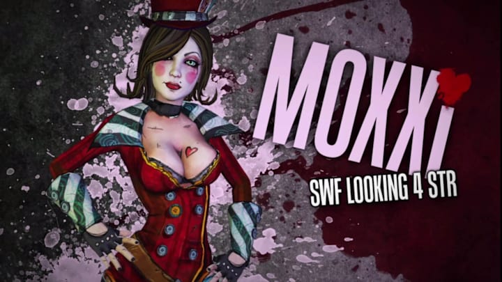 Moxxi, a woman in harlequin makeup and a red top hat and coat.