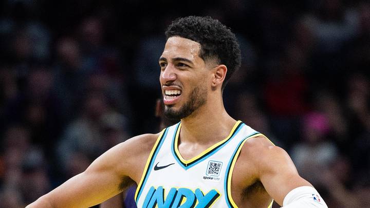 Jan 4, 2025; Indianapolis, Indiana, USA;  Indiana Pacers guard Tyrese Haliburton (0) celebrates after a basket against the Phoenix Suns in the second half at Gainbridge Fieldhouse. Mandatory Credit: Trevor Ruszkowski-Imagn Images