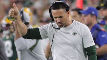 Green Bay Packers head coach Matt LaFleur reacts after Detroit Lions quarterback Jared Goff was called for intentionally grounding the ball during the second quarter of their game Monday, September 20, 2021 at Lambeau Field in Green Bay, Wis. The Green Bay Packers beat the Detroit Lions 35-17.