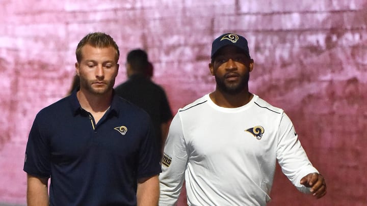 Sep 17, 2017; Los Angeles, CA, USA; Los Angeles Rams head coach Sean McVay walks with coach Aubrey Pleasant to the field to warm up before the game against the Washington Redskins at the Los Angeles Memorial Coliseum. Mandatory Credit: Jayne Kamin-Oncea-USA TODAY Sports