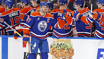 Jan 27, 2025; Edmonton, Alberta, CAN; The Edmonton Oilers celebrate a goal scored by forward Connor McDavid (97) during the second period against the Seattle Kraken at Rogers Place. Mandatory Credit: Perry Nelson-Imagn Images