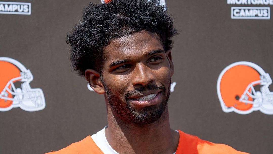 Shedeur Sanders answers media questions at the end of the Browns mini camp in Berea on April 21, 2026.
