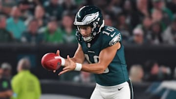 Sep 16, 2024; Philadelphia, Pennsylvania, USA; Philadelphia Eagles punter Braden Mann (10) prepares to punt against the Atlanta Falcons at Lincoln Financial Field.