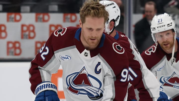 Feb 25, 2026; Salt Lake City, Utah, USA; Colorado Avalanche left wing Gabriel Landeskog (92) warms up before a game against the Utah Mammoth at Delta Center. Mandatory Credit: Rob Gray-Imagn Images