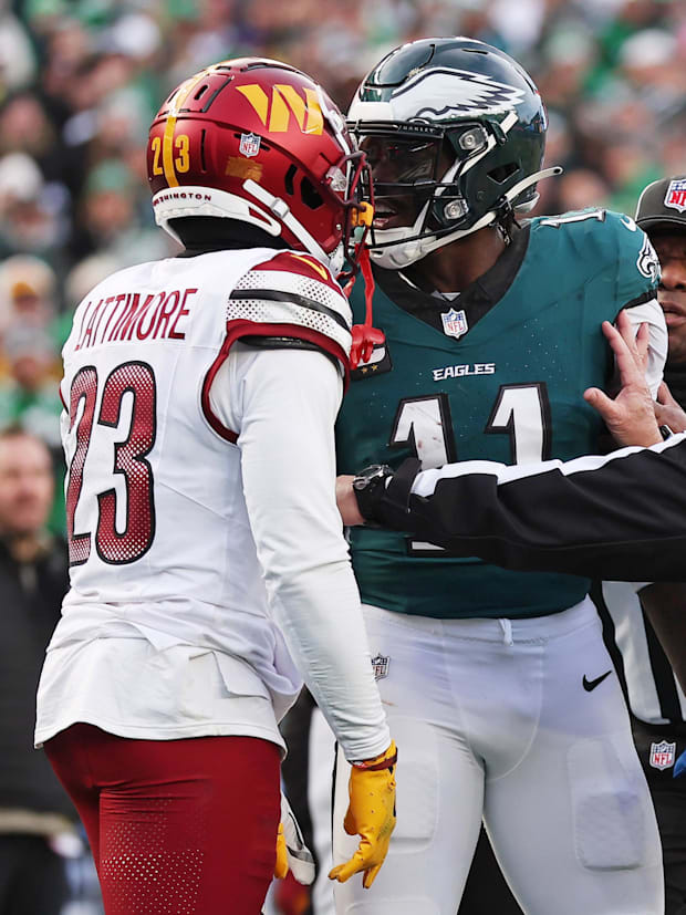  Philadelphia Eagles wide receiver AJ Brown (11) talks with Washington Commanders cornerback Marshon Lattimore (23) 