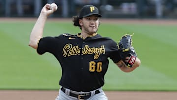 Sep 14, 2020; Cincinnati, Ohio, USA; Pittsburgh Pirates starting pitcher Cody Ponce throws against the Cincinnati Reds in the first inning during Game One of a doubleheader at Great American Ball Park. Mandatory Credit: David Kohl-Imagn Images
