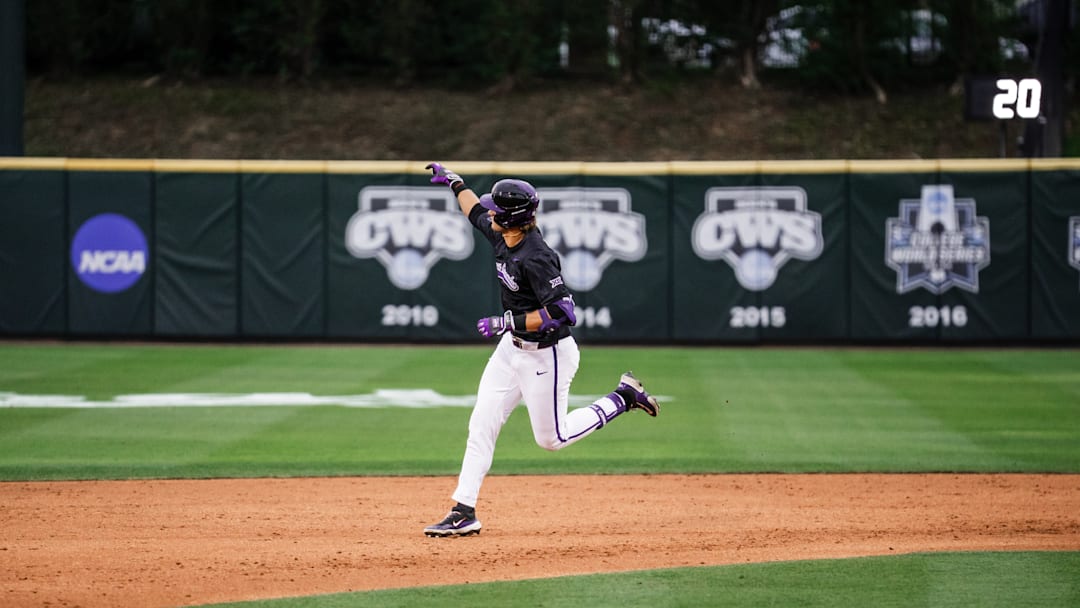 TCU outfielder Chase Brunson rounds the bases after blasting his fourth homerun of the year. 