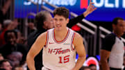 Nov 12, 2025; Houston, Texas, USA; Houston Rockets guard Reed Sheppard (15) reacts after a made basket against the Washington Wizards during the third quarter at Toyota Center. Mandatory Credit: Erik Williams-Imagn Images