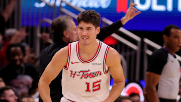 Nov 12, 2025; Houston, Texas, USA; Houston Rockets guard Reed Sheppard (15) reacts after a made basket against the Washington Wizards during the third quarter at Toyota Center. Mandatory Credit: Erik Williams-Imagn Images