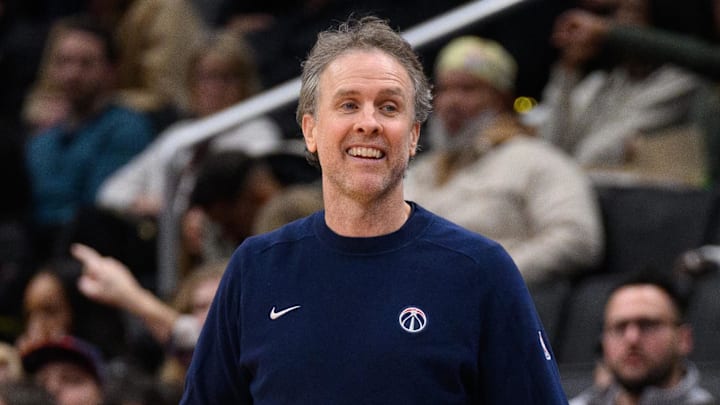 Jan 1, 2025; Washington, District of Columbia, USA; Washington Wizards head coach Brian Keefe reacts during the third quarter against the Chicago Bulls at Capital One Arena. Mandatory Credit: Reggie Hildred-Imagn Images