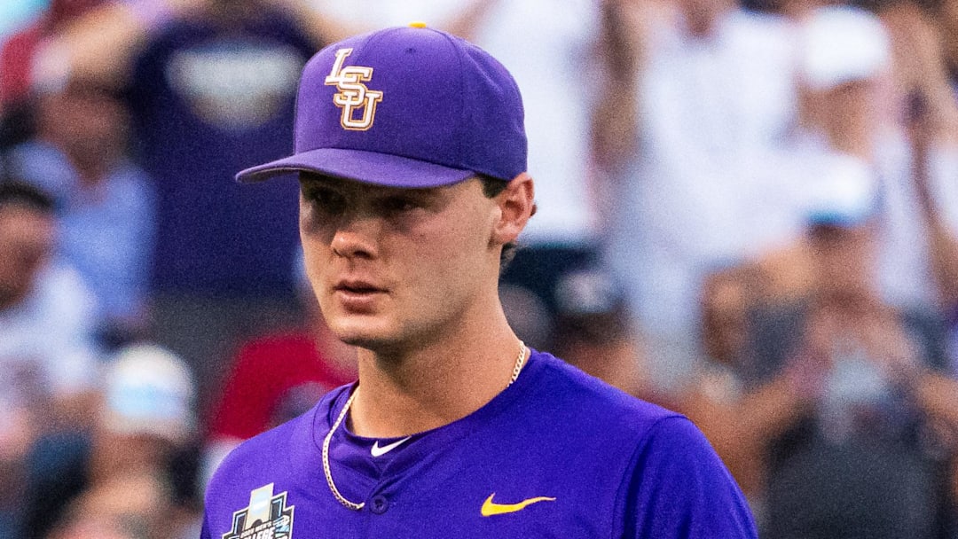 LSU starting pitcher Kade Anderson walks off the mound during an NCAA College World Series game against Arkansas on June 14 at Charles Schwab Field.