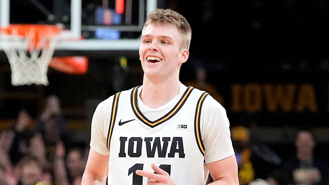 Iowa guard Bennett Stirtz (14) reacts after knocking down a 3-pointer against the USC Trojans Jan. 28, 2026 at Carver-Hawkeye Arena in Iowa City, Iowa. Iowa guard Bennett Stirtz (14) reacts after knocking down a 3-pointer against the USC Trojans Jan. 28, 2026 at Carver-Hawkeye Arena in Iowa City, Iowa.