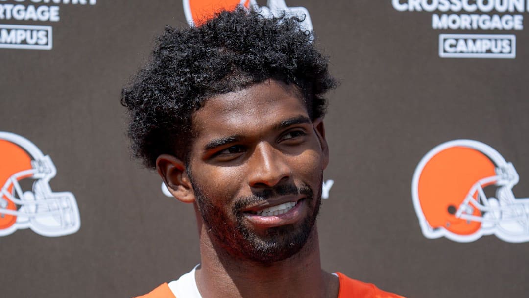 Shedeur Sanders answers media questions at the end of the Browns mini camp in Berea on April 21, 2026.
