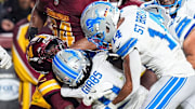 Detroit Lions running back Jahmyr Gibbs runs into the end zone for a touchdown against Washington Commanders.