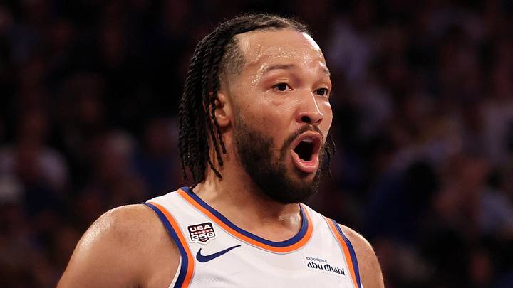 New York Knicks guard Jalen Brunson (11) reacts to a foul call in the third quarter during game three of the 2026 NBA Finals against the San Antonio Spurs on June 8, 2026.