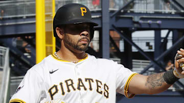 Apr 20, 2025; Pittsburgh, Pennsylvania, USA;  Pittsburgh Pirates left fielder Tommy Pham (28) and first baseman Enmanuel Valdez (48) celebrate after both players scored runs against the Cleveland Guardians during the ninth inning at PNC Park. 