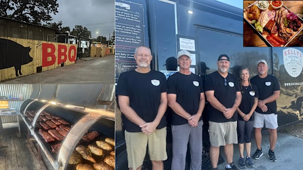 Kelly’s Hill Country BBQ’s pit crew, from left, Jeff McDorman, Greg Garrison, Kelly Evers, Bree Benner and Darrell Daily.