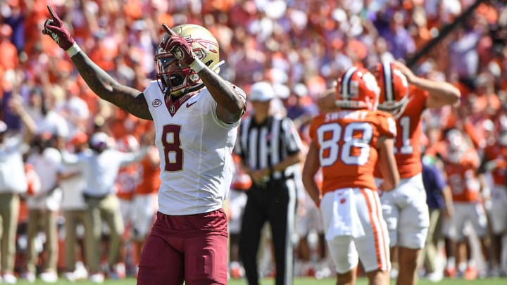 Sep 23, 2023; Clemson, South Carolina, USA; Florida State Seminoles defensive back Renardo Green (8) reacts after a missed field goal attempt by Clemson Tigers kicker Jonathan Weitz in the fourth quarter at Memorial Stadium.