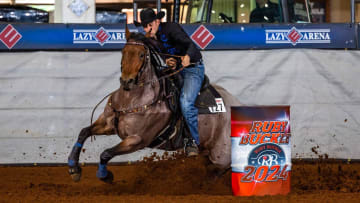 Tyler Rivette and Slingin Firewater winning round one of the derby at the 2024 Ruby Buckle Central Race