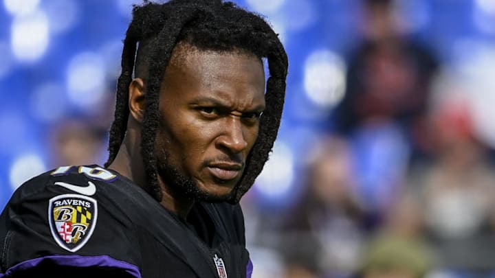 Oct 26, 2025; Baltimore, Maryland, USA; Baltimore Ravens wide receiver DeAndre Hopkins (10) on the field before the game against the Chicago Bears at M&T Bank Stadium. 