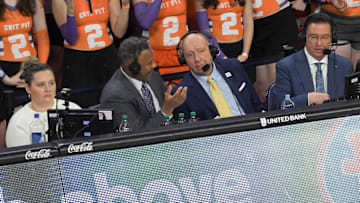 ESPN announcer Dick Vitale and crew calls the game between the Clemson Tigers and the Duke Blue Devils during the first half at Littlejohn Coliseum on Feb. 8, 2025.
