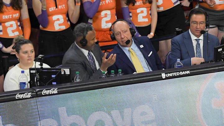 ESPN announcer Dick Vitale and crew calls the game between the Clemson Tigers and the Duke Blue Devils during the first half at Littlejohn Coliseum on Feb. 8, 2025.