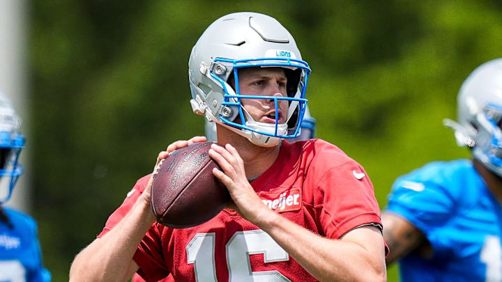 Detroit Lions quarterback Jared Goff (16) practices during OTAs at team's Performance Center in Allen Park