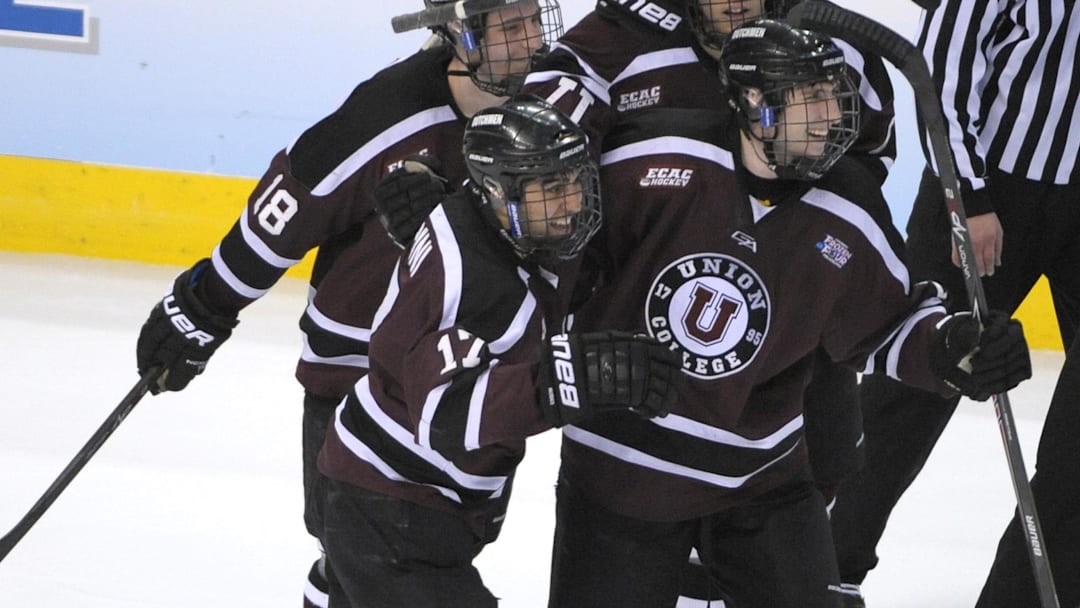 Apr 10, 2014; Philadelphia, PA, USA; Union Dutchmen forward Daniel Ciampini (17) celebrates his goal with forward Max Novak (18), forward Kevin Sullivan (16)  and defenseman Charlie Vasaturo (6) during the third period against the Boston College Eagles in the semifinals of the Frozen Four college ice hockey tournament at Wells Fargo Center. Union defeated Boston College, 5-4. Mandatory Credit: Eric Hartline-Imagn Images