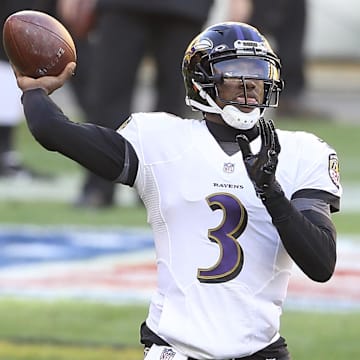 Dec 2, 2020; Pittsburgh, Pennsylvania, USA;  Baltimore Ravens quarterback Robert Griffin III (3) warms up before playing the Pittsburgh Steelers at Heinz Field. Mandatory Credit: Charles LeClaire-Imagn Images