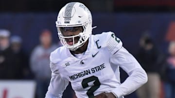 Nov 16, 2024; Champaign, Illinois, USA;  Michigan State Spartans quarterback Aidan Chiles (2) during the second half against the Illinois Fighting Illini  at Memorial Stadium. Mandatory Credit: Ron Johnson-Imagn Images