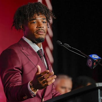 Jul 23, 2025; Charlotte, NC, USA; FSU quarterback Tommy Castellanos answers questions from the media during ACC Media days at Hilton Charlotte Uptown. Mandatory Credit: Jim Dedmon-Imagn Images