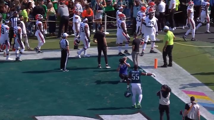 Eagles defensive end Brandon Graham yells at Browns tackle Dawand Jones. Eagles defensive end Brandon Graham yells at Browns tackle Dawand Jones.