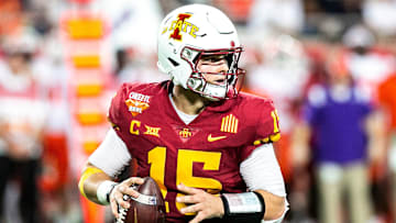 Iowa State quarterback Brock Purdy (15) rolls out to pass during a NCAA college football game in the Cheez-It Bowl against Clemson, Wednesday, Dec. 29, 2021, at Camping World Stadium in Orlando, Fla.