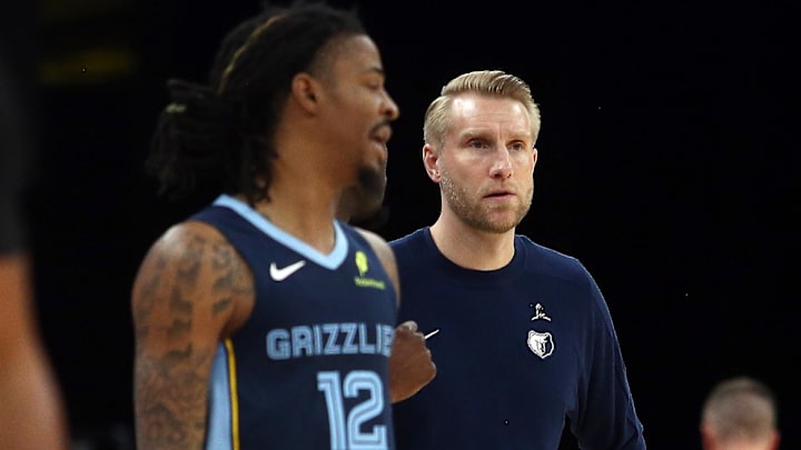 Grizzlies head coach Tuomas Iisalo looks on as guard Ja Morant checks into the game Monday. Grizzlies head coach Tuomas Iisalo looks on as guard Ja Morant checks into the game Monday.
